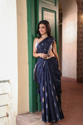 KAVVYA SOFT & LIGHT WEIGHT NAVY BLUE HANDLOOM TUSSAR SAREE WITH SMALL GOLDEN N SILVER ZARI LEAF MOTIFS ALLOVER THE SAREE COMES WITH HEAVY PALLU AND SAME COLOUR BLOUSE